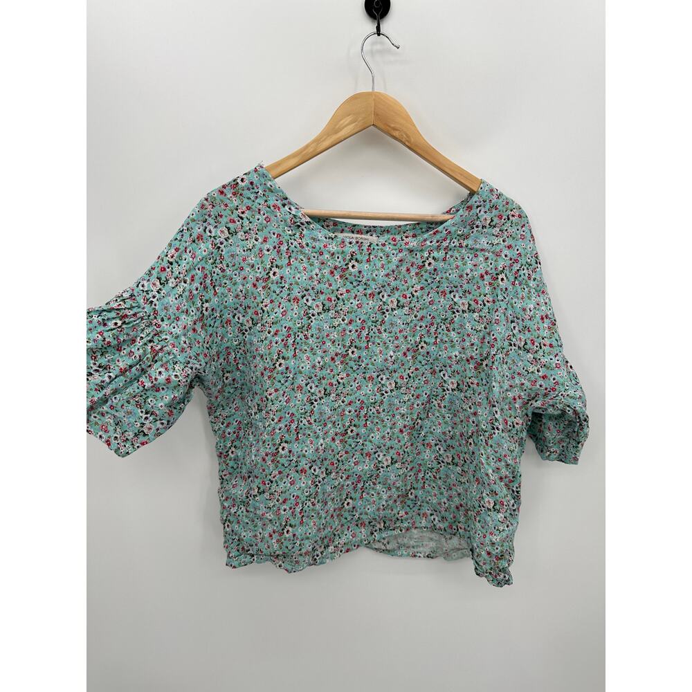 Viola Borghi Top Women Medium Blue Microfloral Linen Ruffle Sleeve Made in Italy